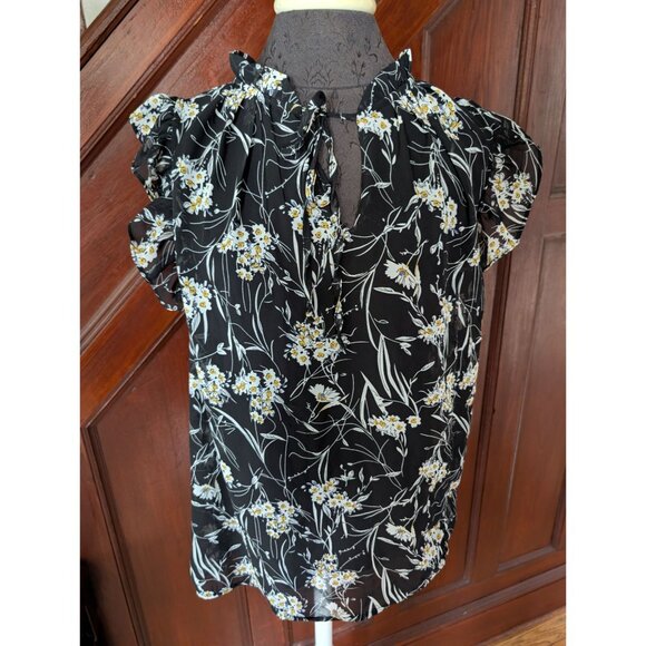 NY Collection Black Floral Daisies Ruffle Sleeve Blouse With Tie Neck Detail - Picture 1 of 9